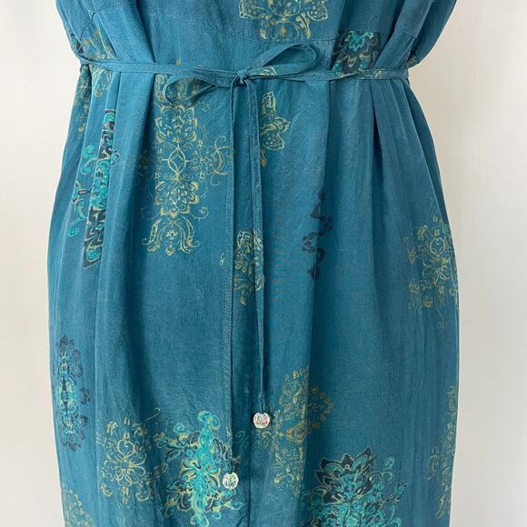 Boho Maxi Dress Plus Size 1X Blue Brocade Print Pure Silk Sleeveless Hippie Vtg - Picture 9 of 16